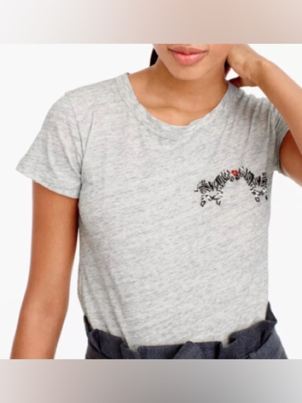 J Crew Heather Gray Short-Sleeve Tee with Embroidered Zebra Detail